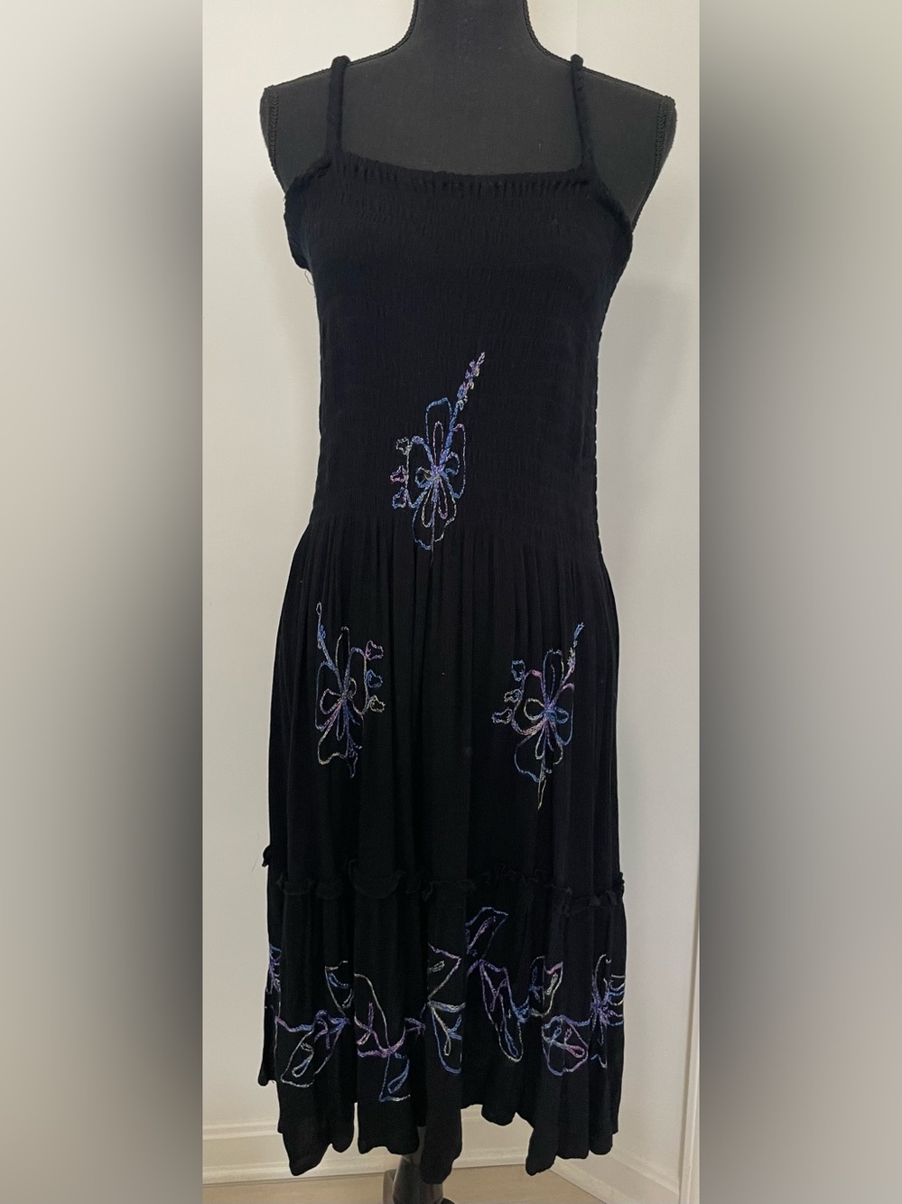 Tropical Batik Black Spaghetti Strap Embroidered Maxi Dress